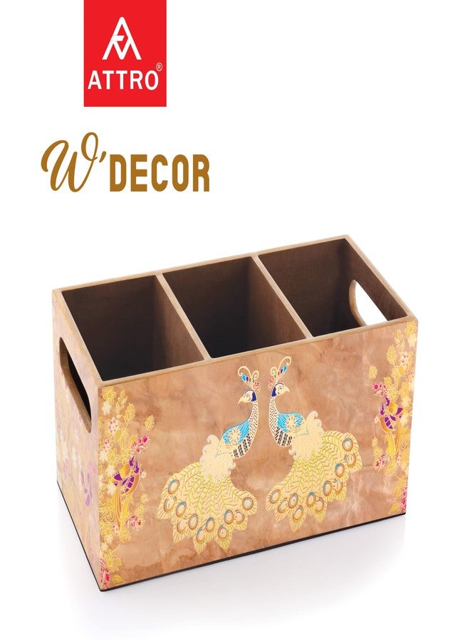 Attro Peacock Gold Designer Wooden 3 Compartments Cutlery Holder, Organizer Stand, Multipurpose Stand, Spoon Holder, Standard - Image 2